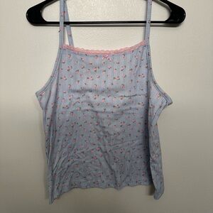 Women's Light Blue Ribbed Floral Cami with Pink Trim